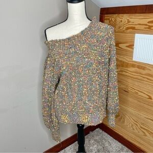 Ee:some Multicolor Speckle Knit One Shoulder Balloon Sleeve Sweater Medium Large